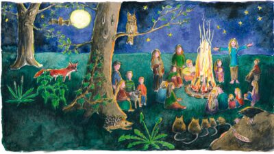 gemaltes Bild von Kindern im Wald, die um eine Lagerfeuer herumsitzen